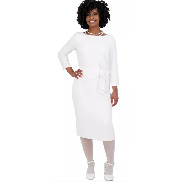 Kasper Women's Side-Bow 3/4-Sleeve Stretch Crepe Dress White Size XL NWT - Picture 1 of 3
